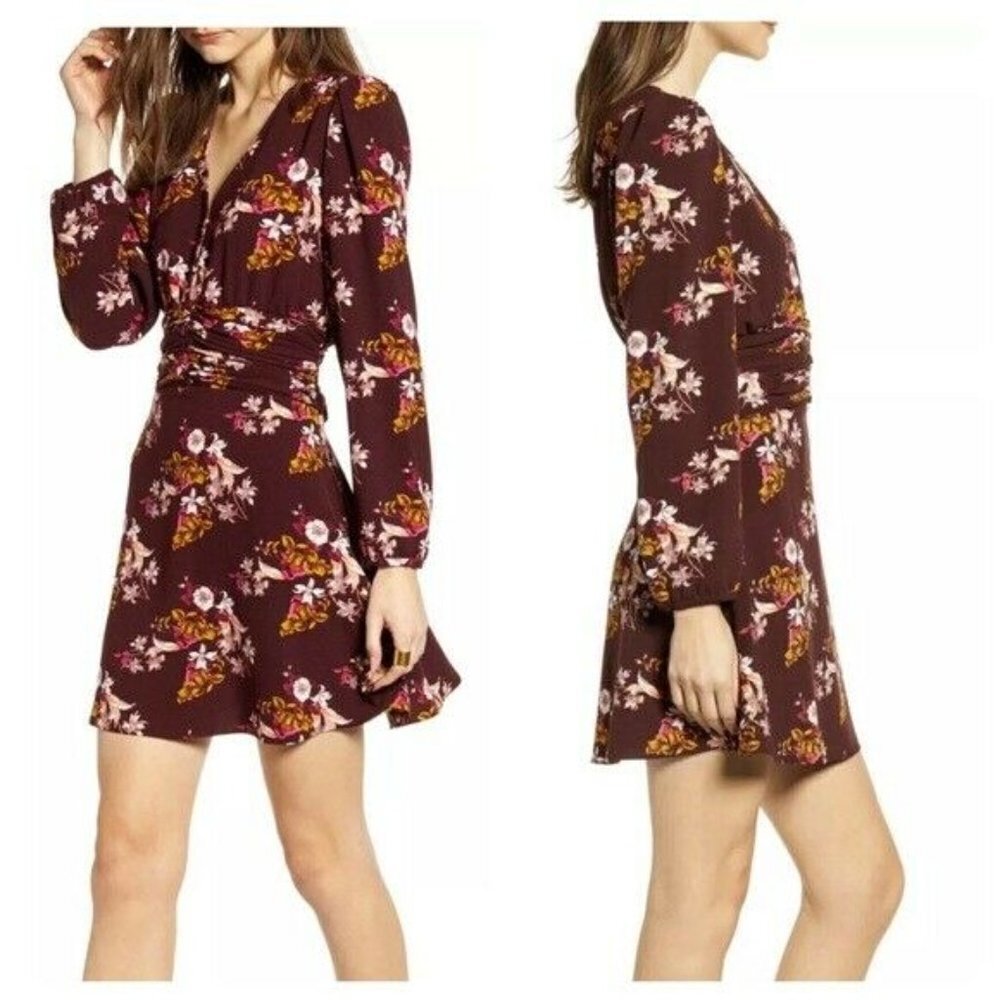 Chelsea28 Ruched‎ Waist Minidress Burgundy Floral Size L NWOT